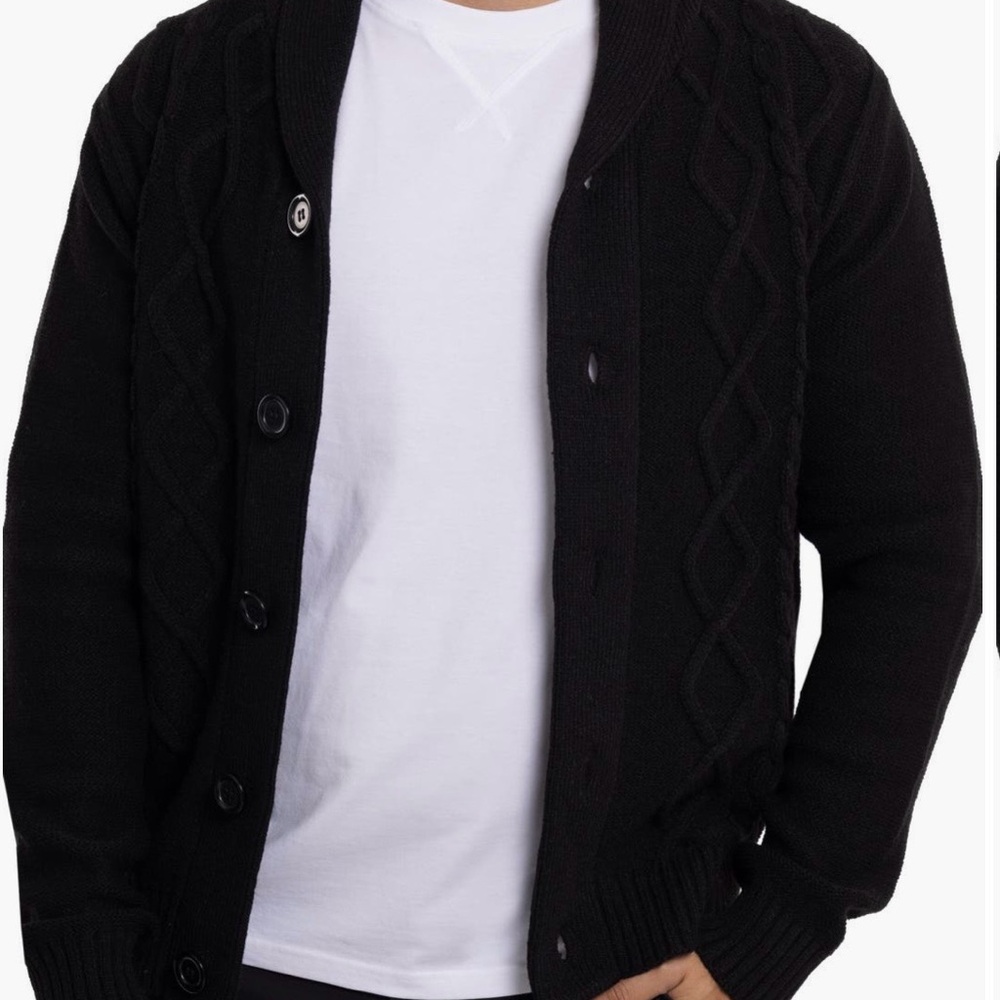 Men's Classic Black Cable Knit Button Down Cardigan- XL
